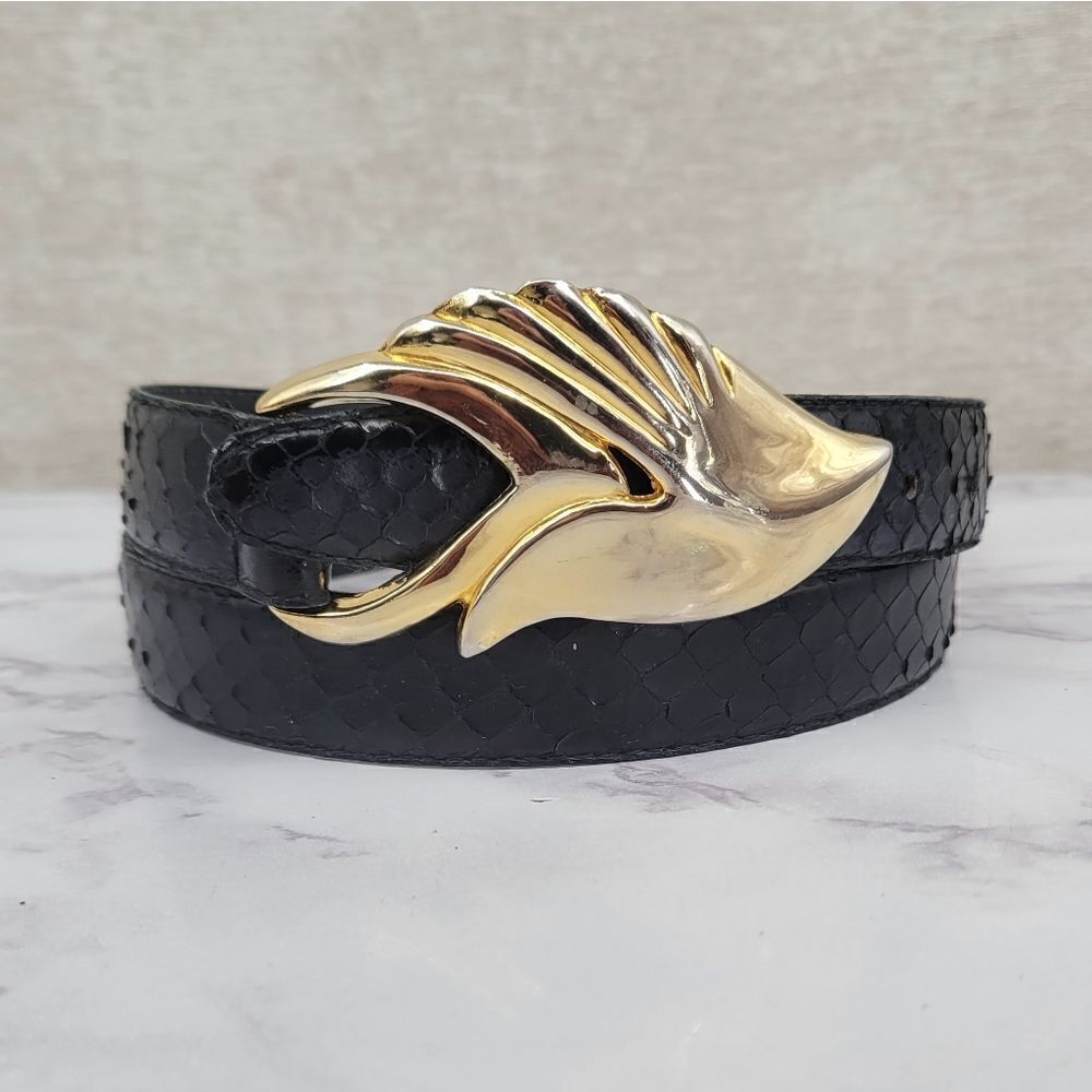 Leather Shop Belt Black Snakeskin Snake Animal Print with Gold Toned Buckle